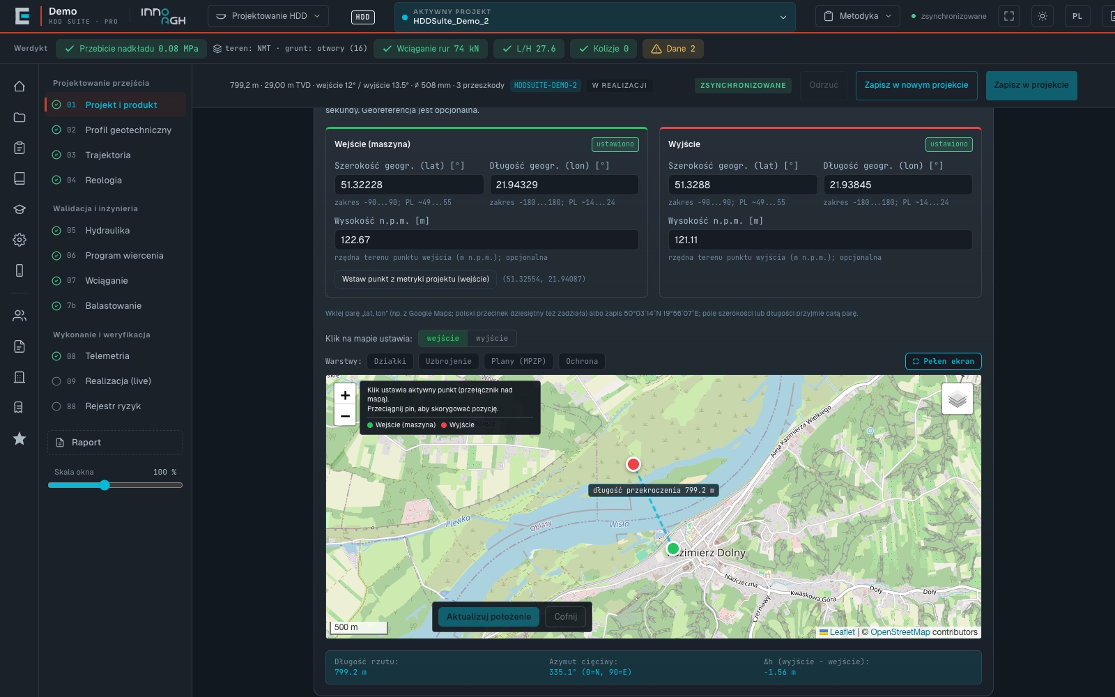 Georeferencja przejścia: wlot i wylot na mapie, długość przekroczenia i wysokości z NMT