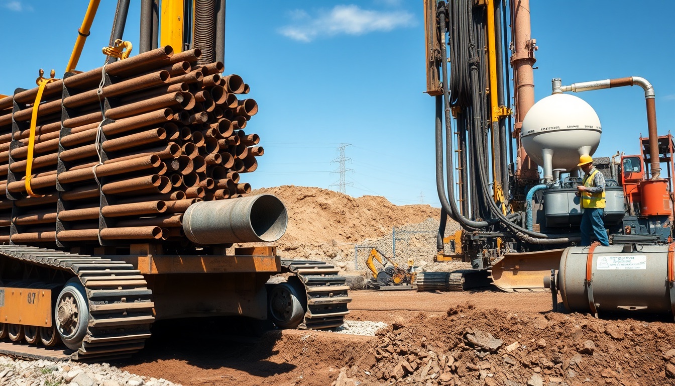 HDD rig on rubber tracks, drill rods in rack, drill pipe entering soil by steel casing, drilling-fluid unit nearby, engineer inspecting rods