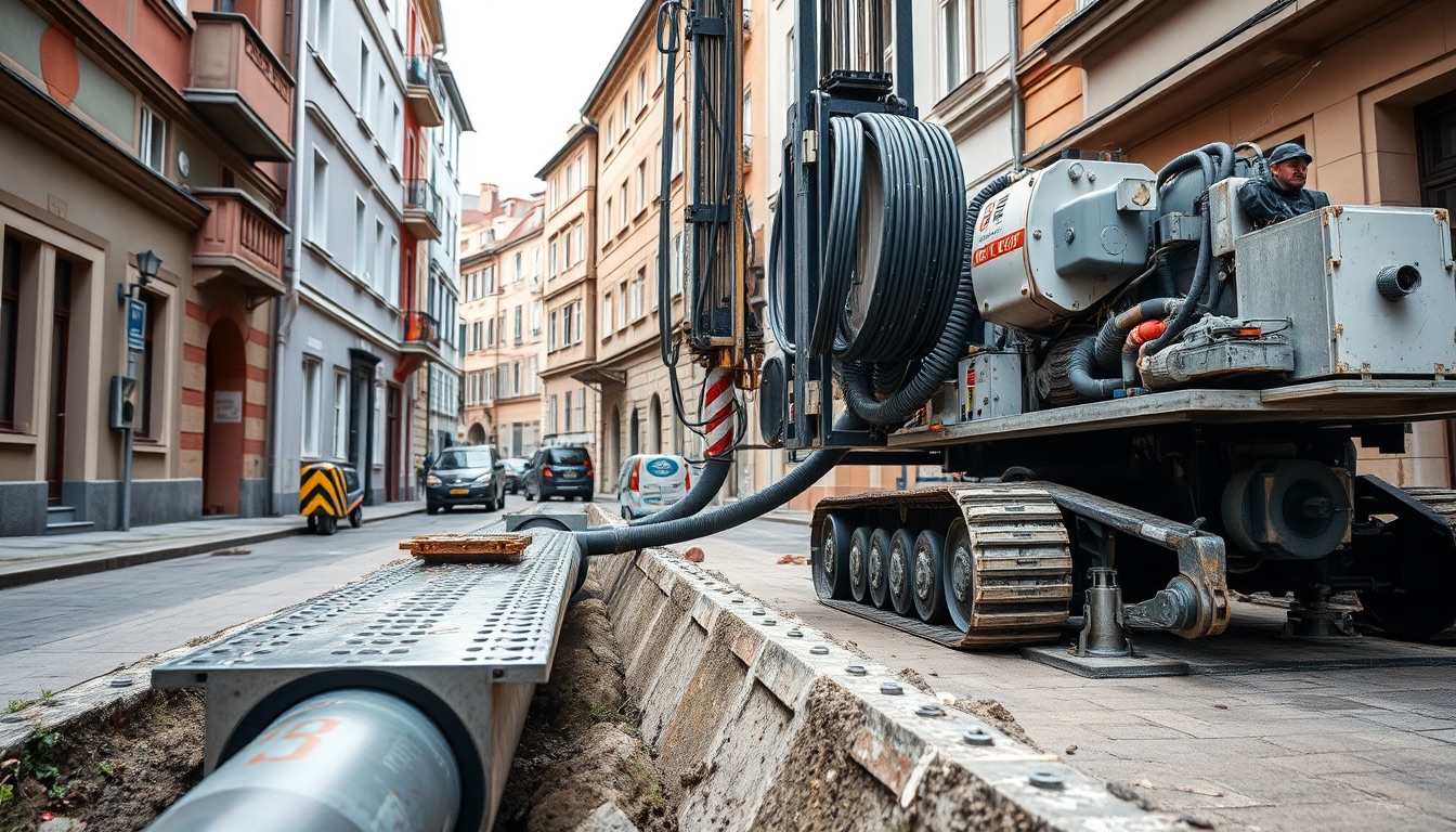 Tracked horizontal drilling rig on a narrow street, drill pipe entering the ground, rod rack and drilling-fluid unit beside it, pipes on rollers