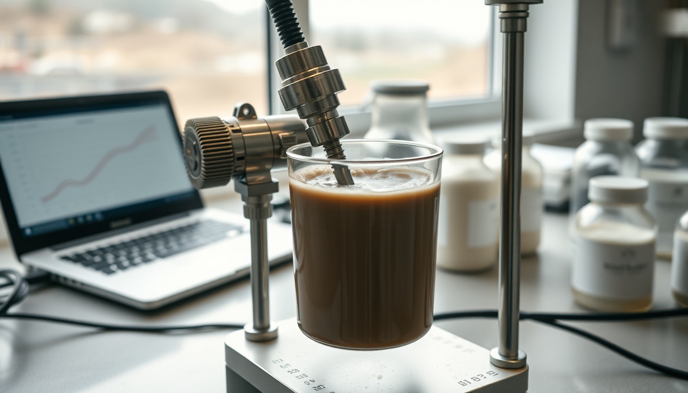 Rotational viscometer rotor sleeve immersed in grey-brown drilling fluid on a lab bench