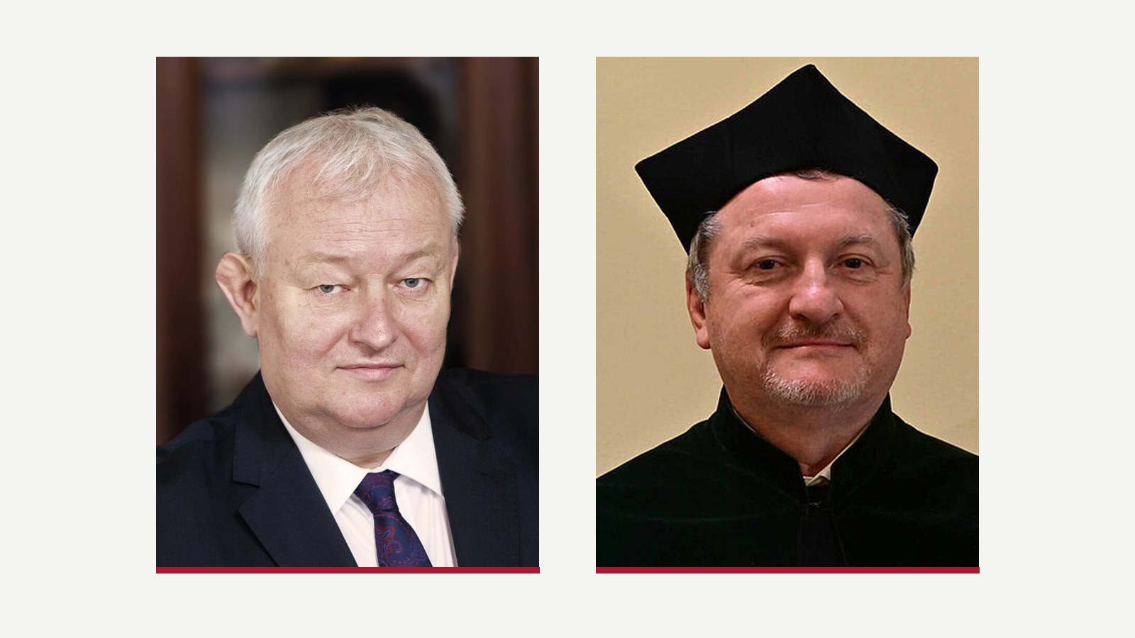 Dwa oficjalne portrety obok siebie: po lewej prof. Rafał Wiśniowski w ciemnym garniturze, po prawej prof. Jan Ziaja w todze akademickiej i birecie